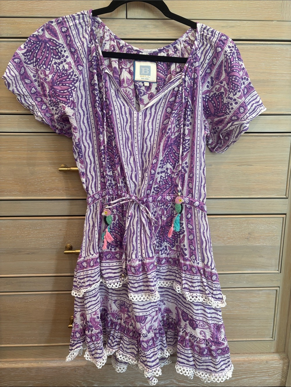Purple Floral Mini Dress with Tassel Pockets